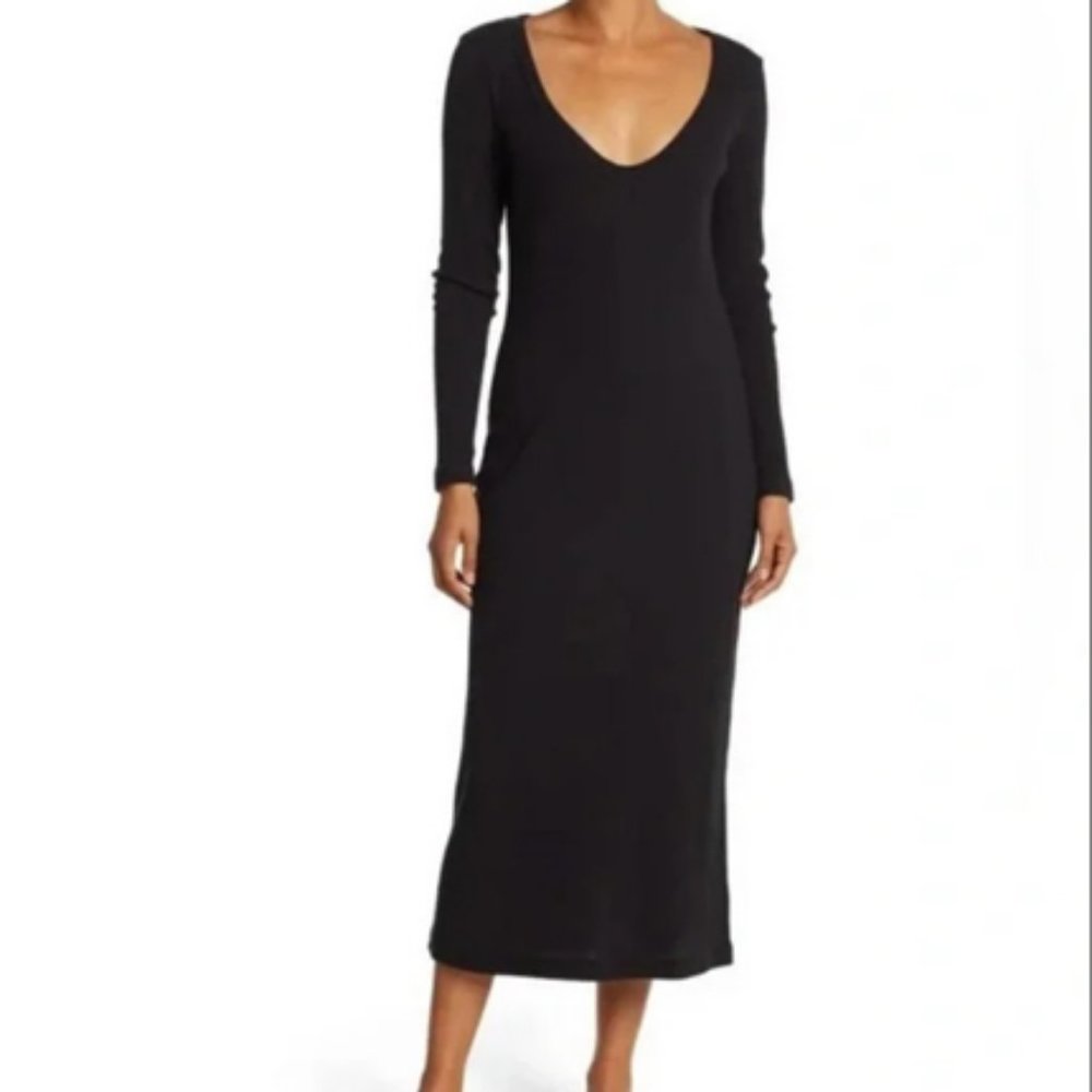 James Perse Black V Neck Long Sleeve Bodycon Midi Dress Size XS/S NEW